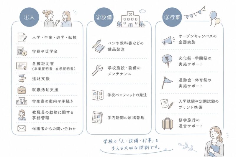 仕事内容は「人・設備・行事」