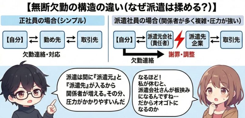 派遣社員と正社員の無断欠勤の違い