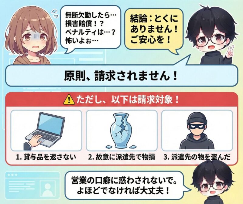 派遣で無断欠勤したら損害賠償を請求されるのか？ペナルティは？